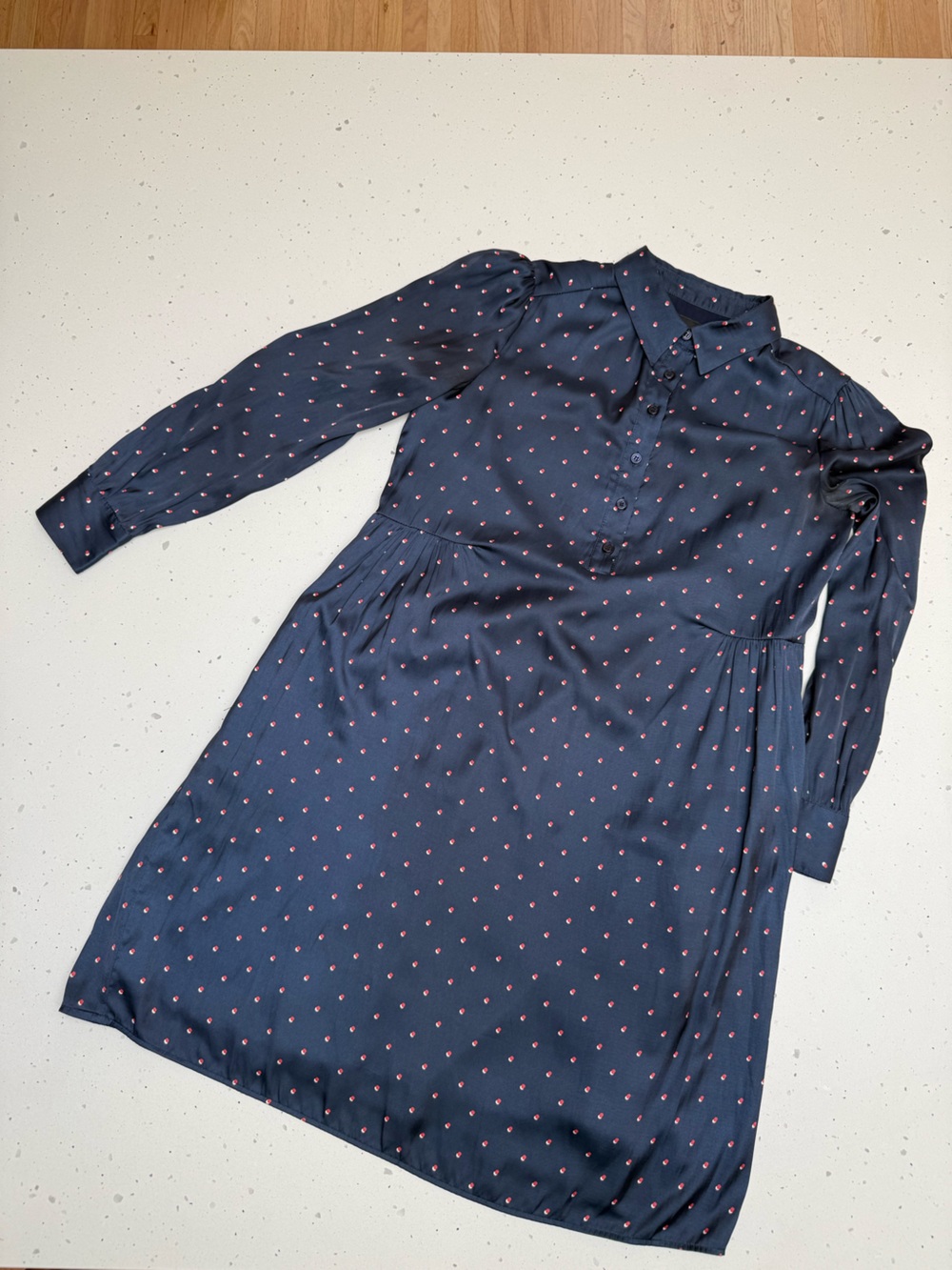 HATCH Navy Midi Shirt Dress with Pink Dot Print